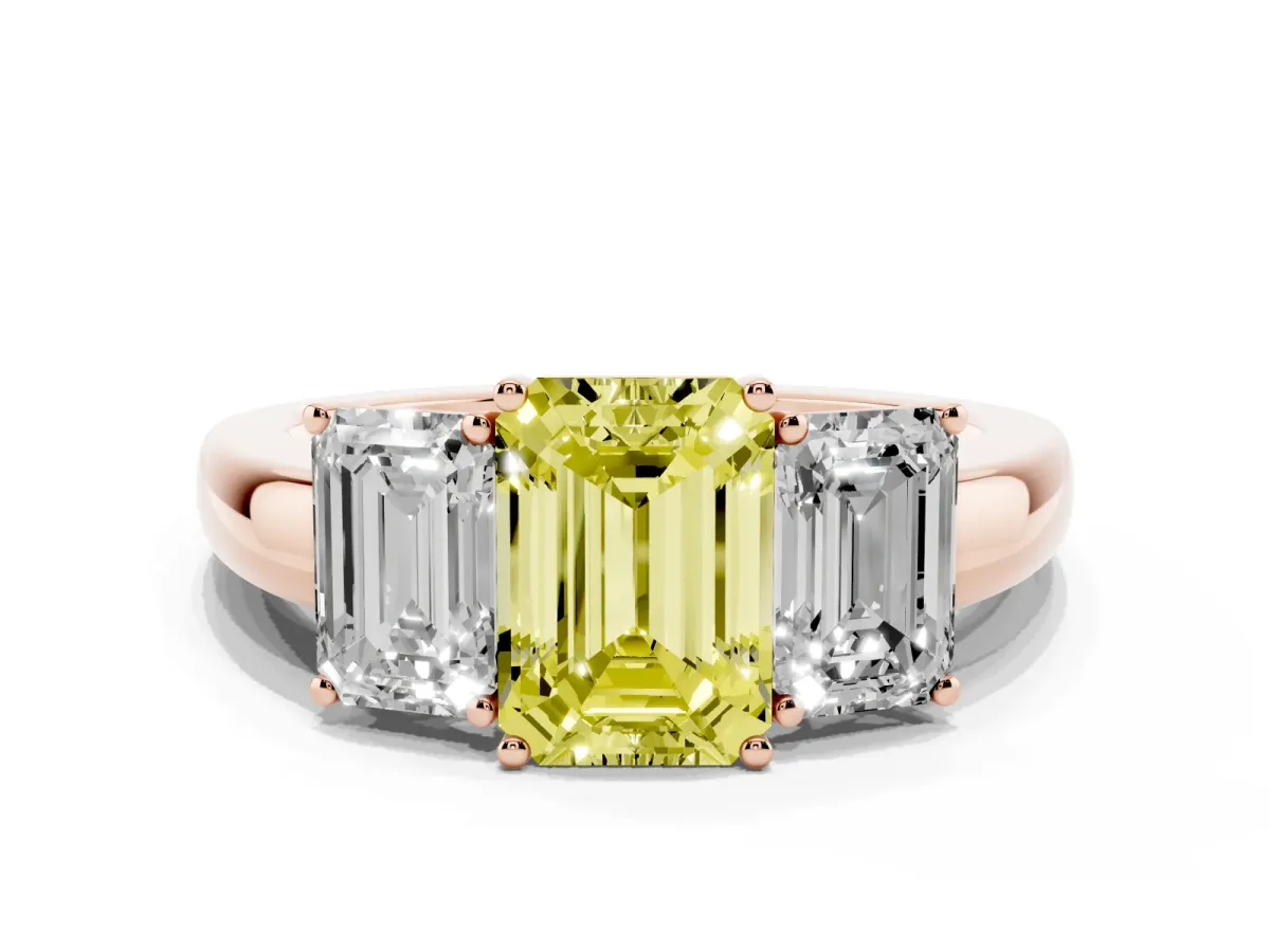 Fancy Yellow Emerald Cut Diamond Three-Stone Ring with Four-Prong Setting and Classic Band Rose gold