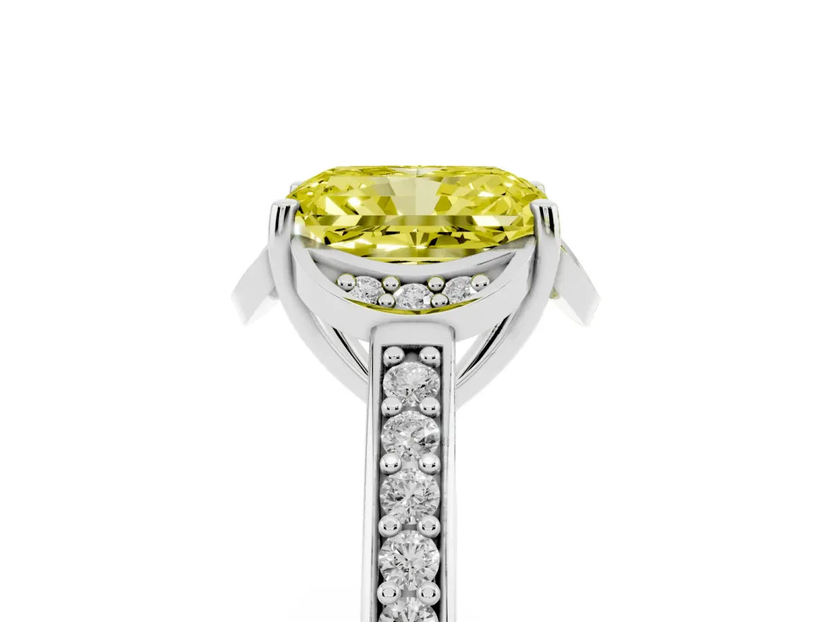 Fancy Yellow Radiant Cut Cut Halo Diamond Ring with Channel Set Band and Four-Prong Setting Silver