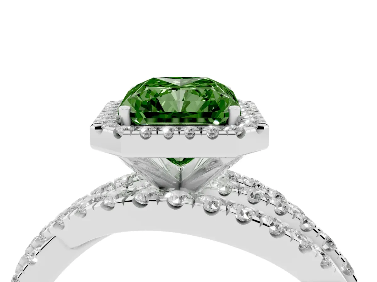 Fancy Green Radiant Cut Diamond Halo Ring with Round Split Shank and Prong Setting Silver