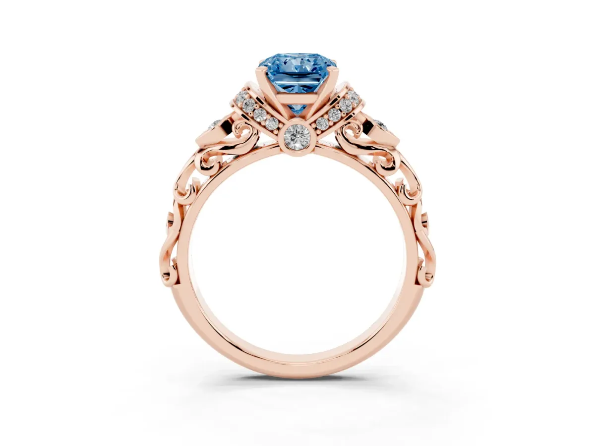 Fancy Blue Radiant Cut Diamond Solitaire Ring with Filigree Band and Four-Prong Setting Rose gold