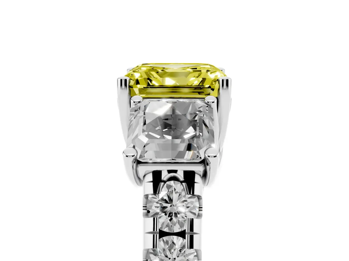 Fancy Yellow Three-Stone Asscher Cut Diamond Pavé Band with Prong Setting Platinum