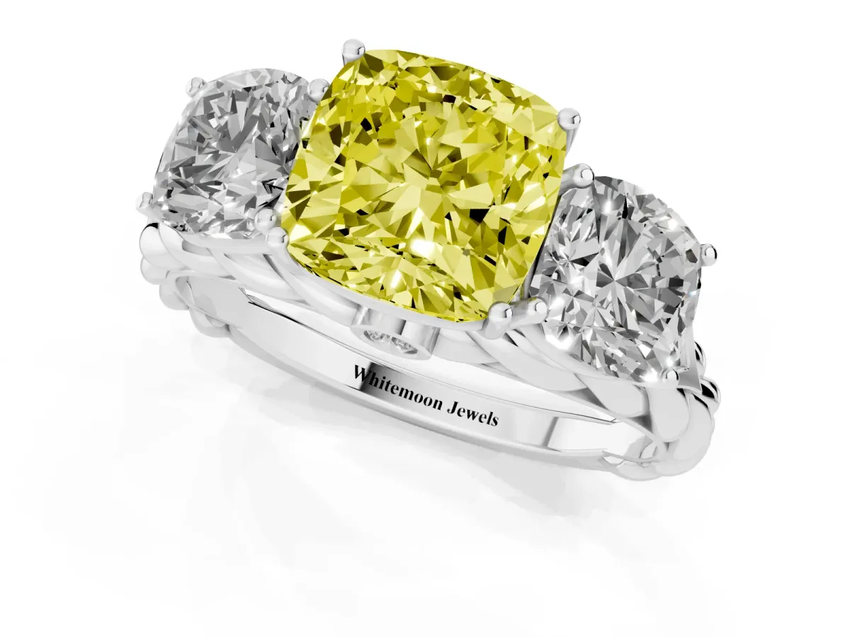 Fancy Yellow Three-Stone Cushion Cut Diamond Braided Band Ring with Four-Prong Setting Silver