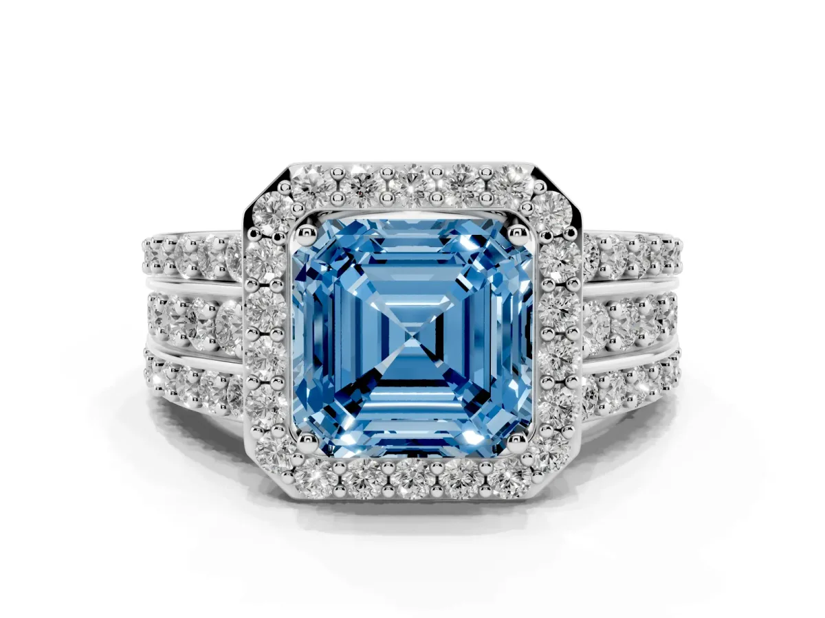 Fancy Blue Asscher Cut Halo Diamond Ring with Round Split Shank and Prong Setting Silver