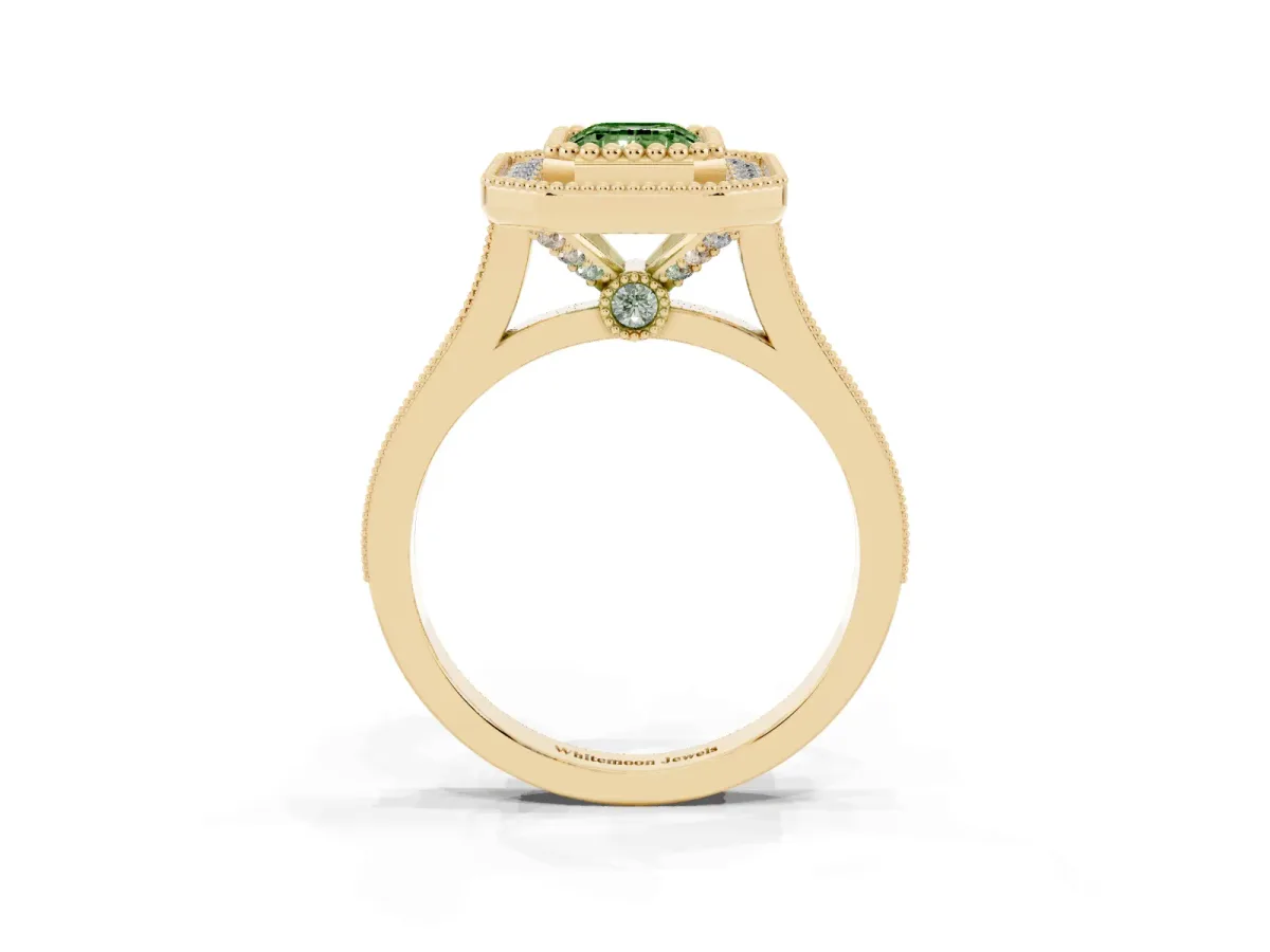 Fancy Green Emerald Cut Diamond Halo Ring with Milgrain Frame and Pavé Band Yellow gold