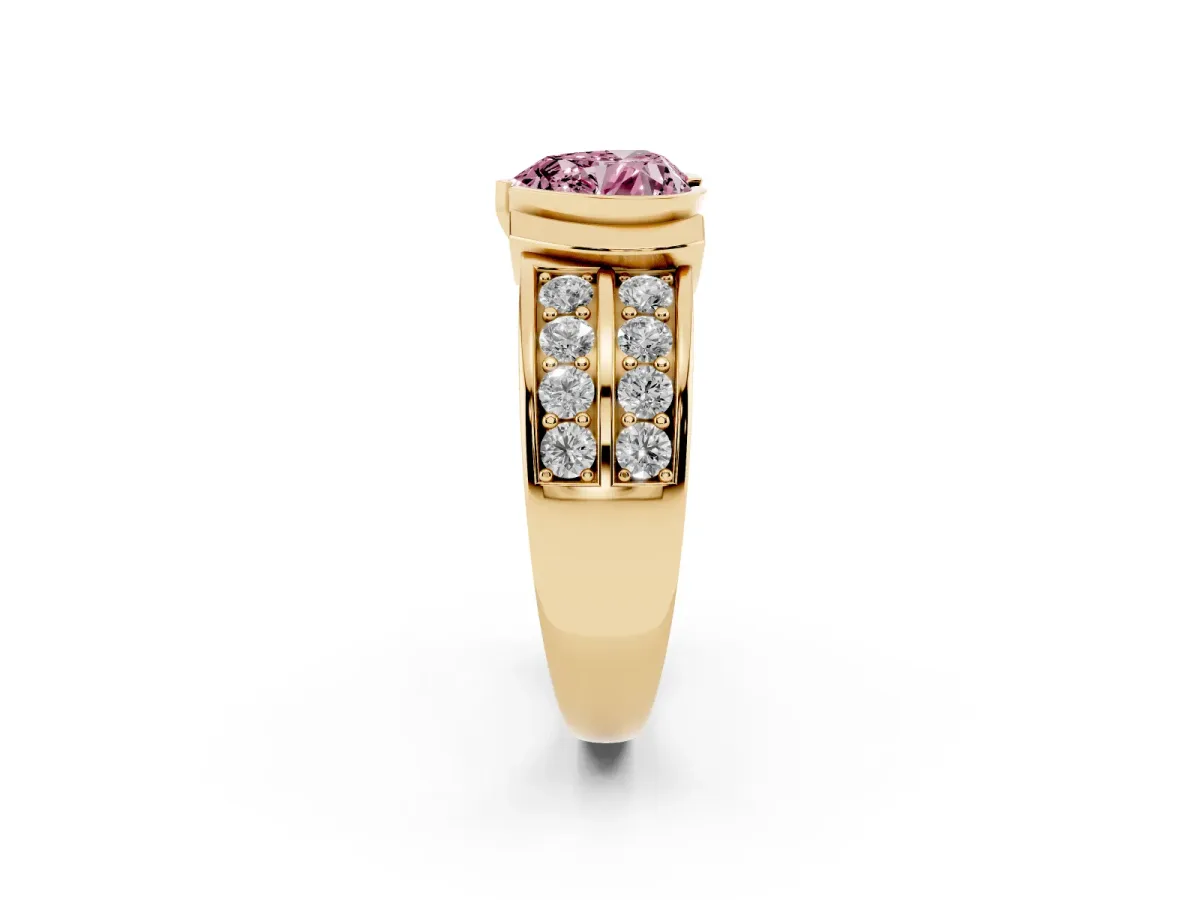 Fancy Pink Heart Cut Brilliant Diamond Channel Set Wide Band Ring with Bezel Setting Yellow gold