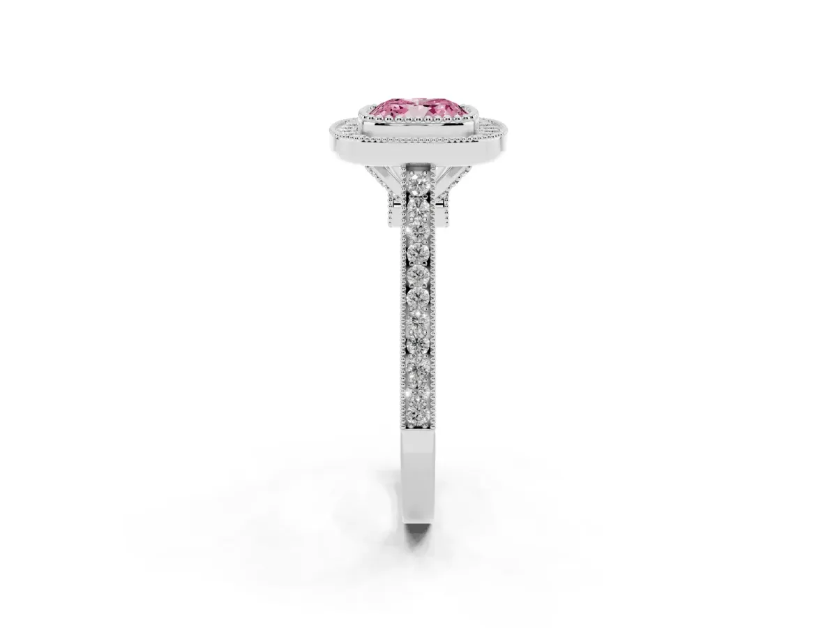 Fancy Pink Cushion Cut Diamond Halo Ring with Milgrain Frame and Pavé Band Platinum