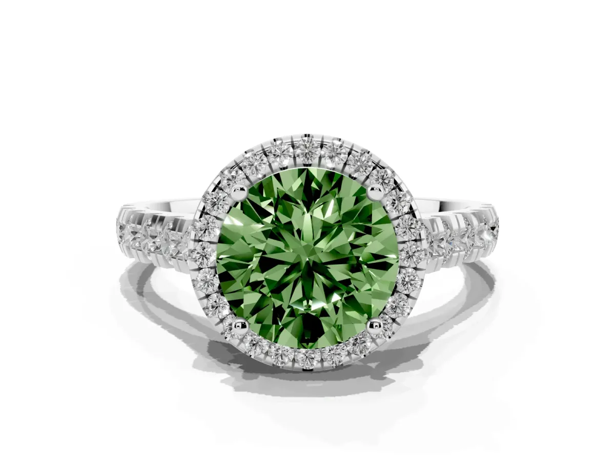 Fancy Green Round Cut Halo Pavé Diamond Engagement Ring with Four-Prong Setting Silver