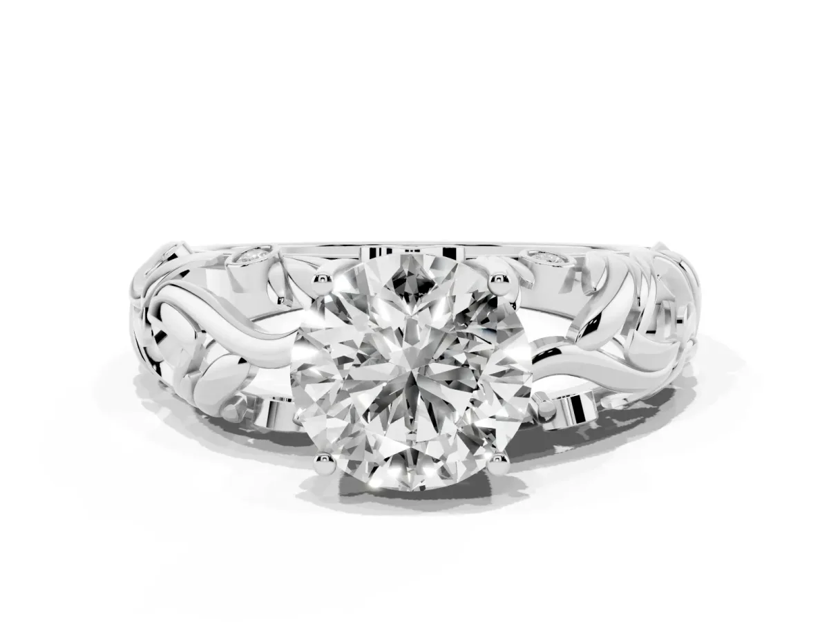 Round Cut Solitaire Diamond Leaf-Inspired Vine Band Ring with Prong Setting Platinum
