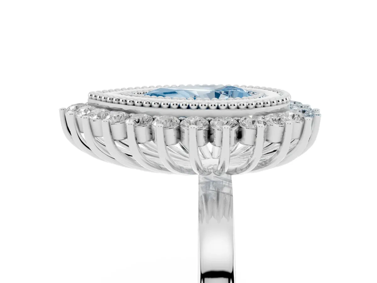 Fancy Blue Pear Cut Halo Diamond Ring with Milgrain Edge and Round Prong Setting Silver