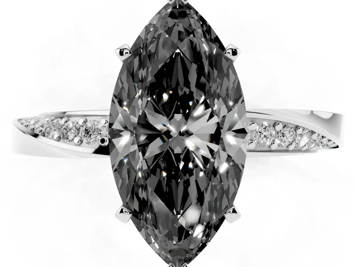 Fancy Black Marquise Cut Diamond Engagement Ring with Side Stone Accents and Four-Prong Setting Platinum