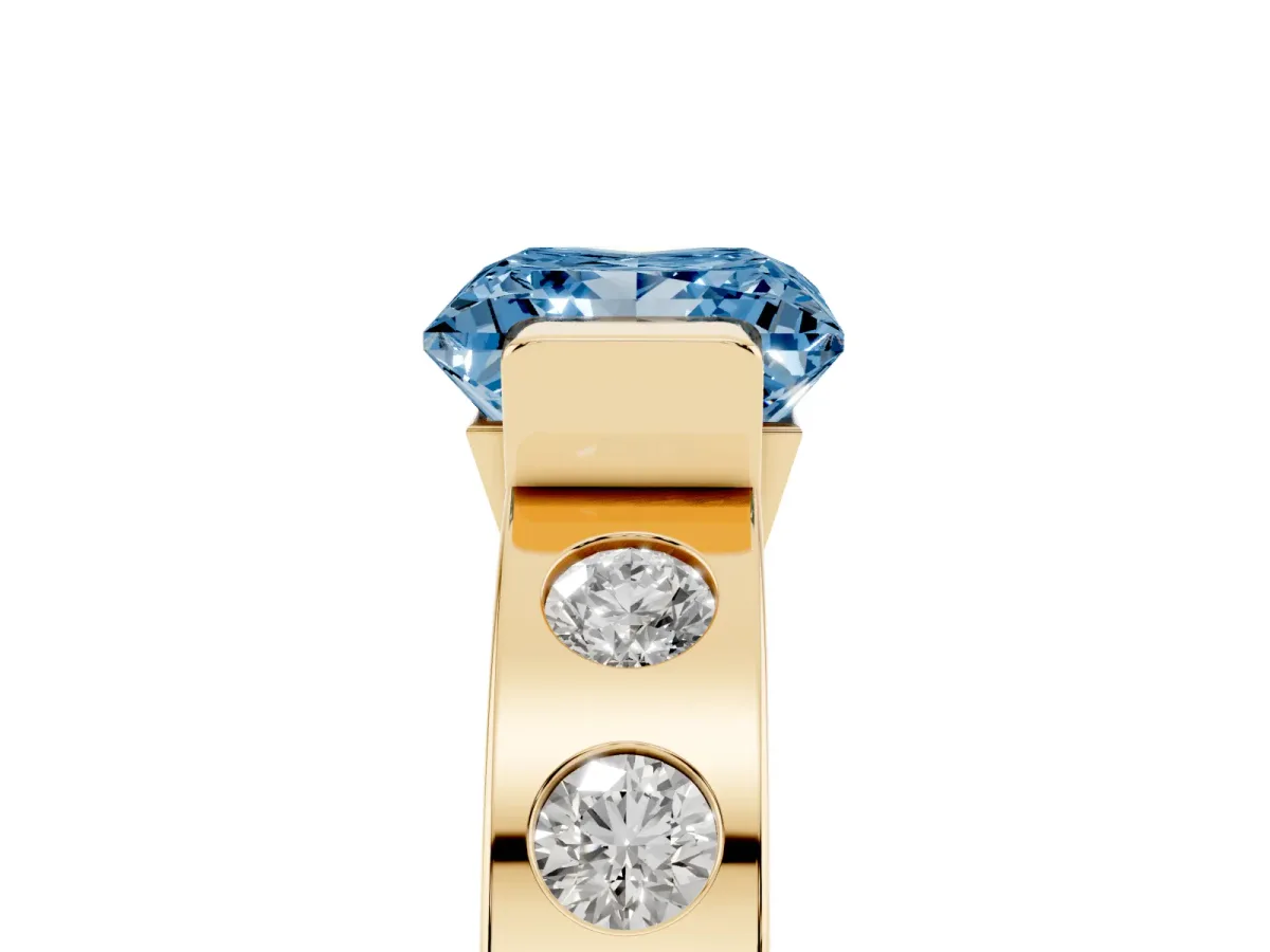 Fancy Blue Princess Cut Brilliant Channel-Set Diamond Ring with Bezel Prong Setting Yellow gold