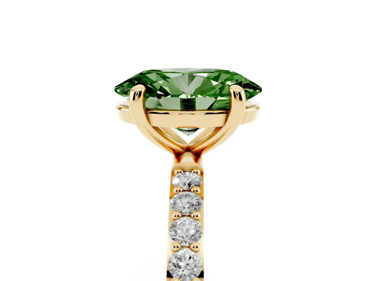 Fancy Green Oval Cut Diamond Solitaire Ring with Round Pavé Band and Prong Setting Yellow gold