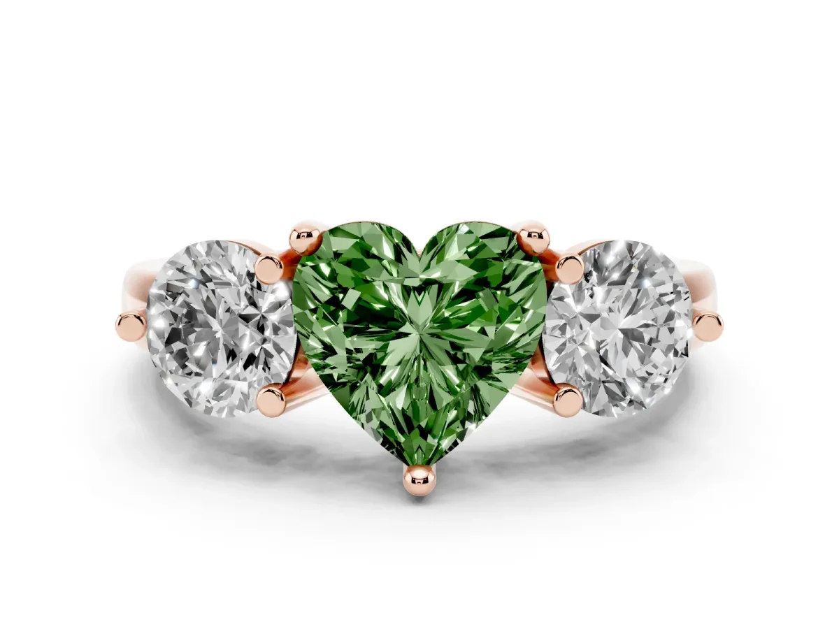 Fancy Green Three-Stone Heart Cut Brilliant Cut Solitaire Ring with Prong Setting on a Classic Band Rose gold