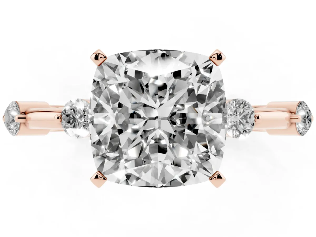 Cushion Cut Solitaire Diamond Ring with Bezel Set Side Stones and Prong Setting Rose gold