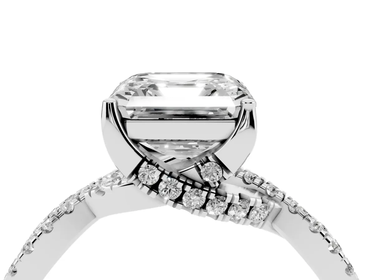 Asscher Cut Solitaire Twist Pave Diamond Engagement Ring with Prong Setting Silver