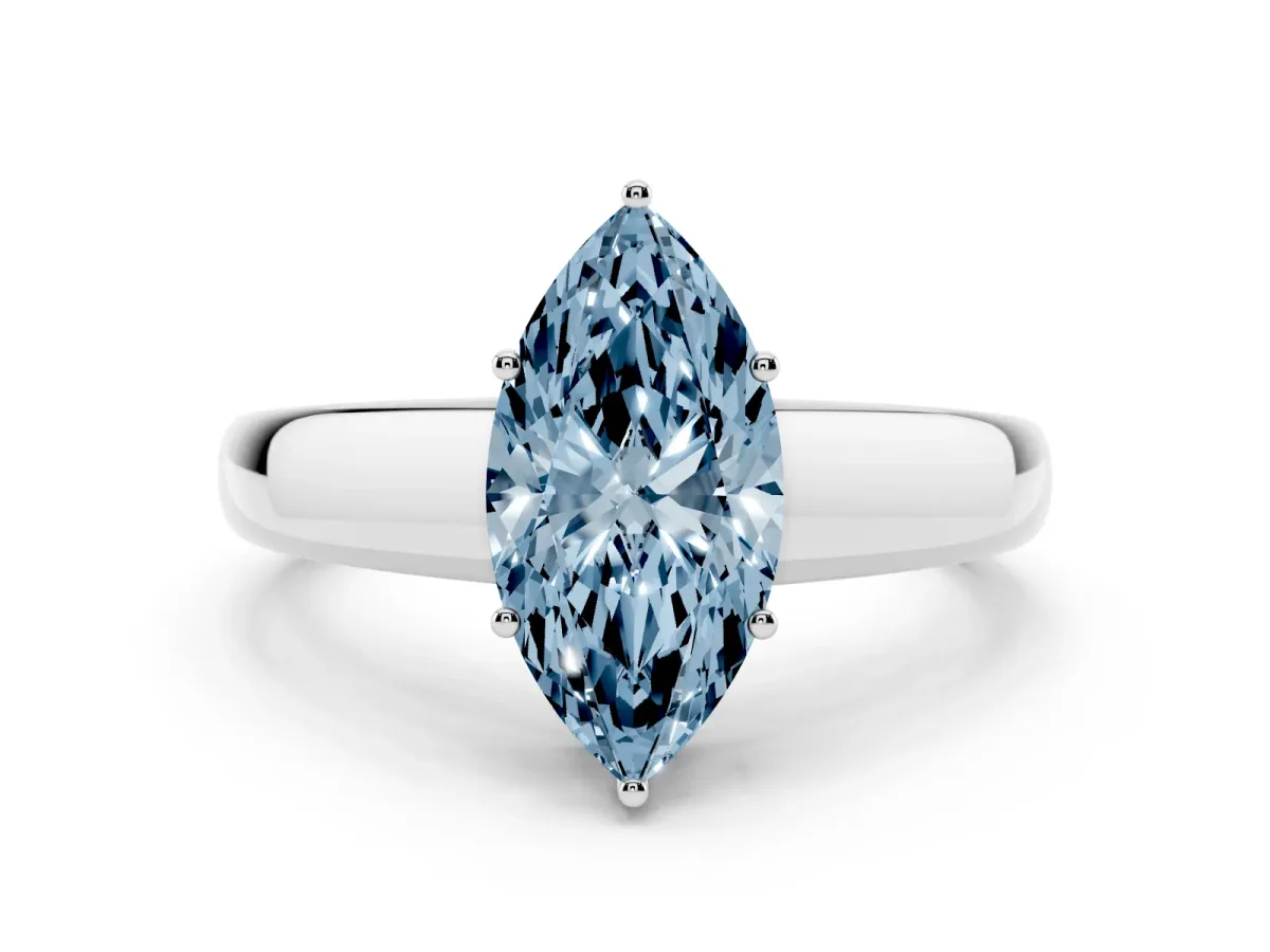 Fancy Blue Marquise Cut Solitaire Diamond Ring with Tapered Band and Four-Prong Setting Platinum