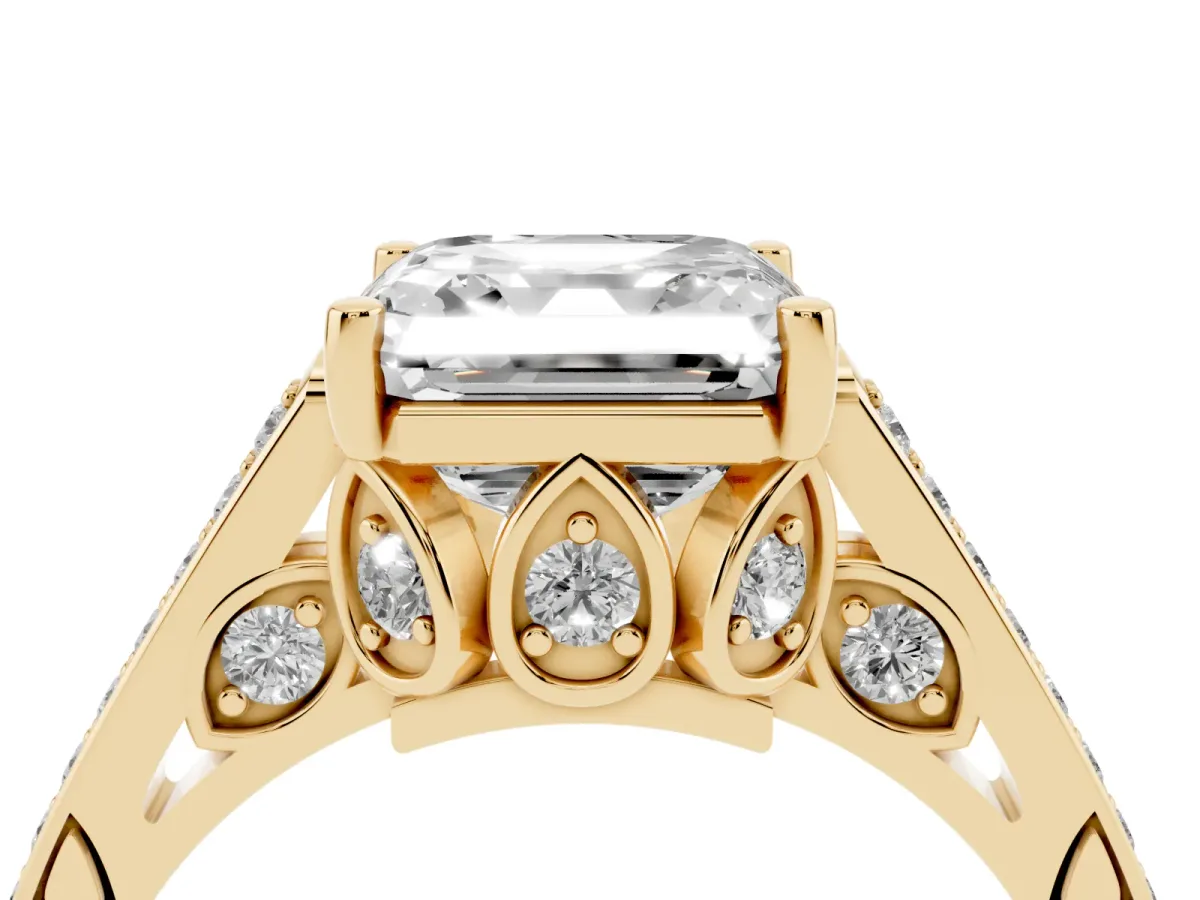 Asscher Cut Cut Cathedral Pave Diamond Engagement Ring with Six-Prong Setting Yellow gold