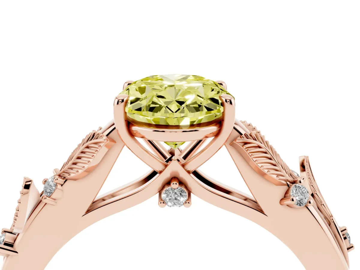 Fancy Yellow Oval Cut Diamond Solitaire Ring with Leaf Motif Band and Four-Prong Setting Rose gold
