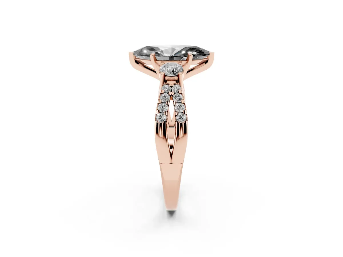 Fancy Black Marquise Cut Diamond Three-Stone Ring with Pavé Split Shank and Four-Prong Setting Rose gold