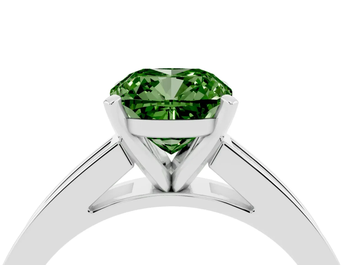 Fancy Green Cushion Cut Solitaire Diamond Ring with Channel-Set Band and Four-Prong Setting White gold