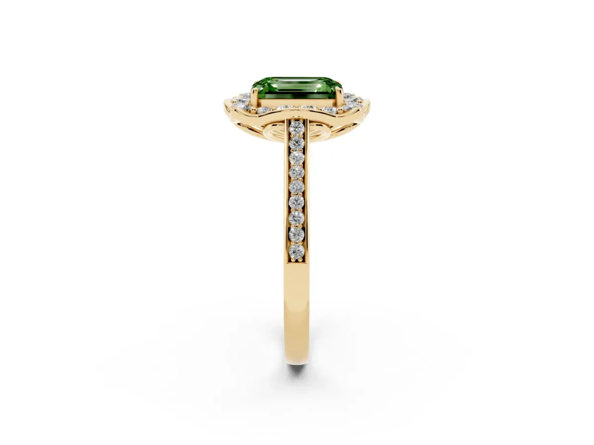 Fancy Green Emerald Cut Halo Round Diamond Pave Band with Four-Prong Setting Yellow gold
