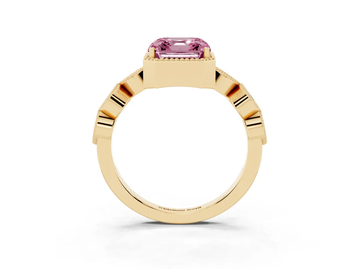 Fancy Pink Asscher Cut Diamond Vintage Milgrain Ring with Round Stations Yellow gold