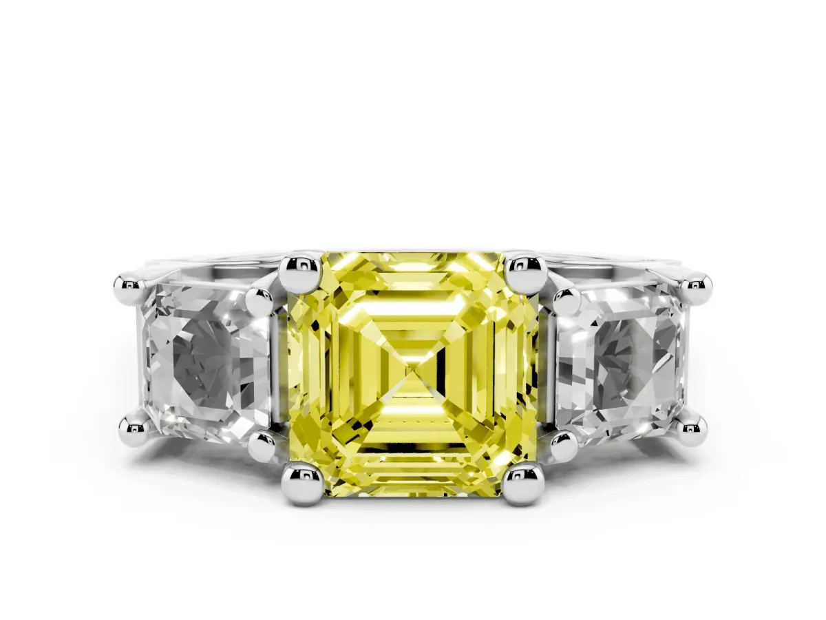 Fancy Yellow Asscher Cut Diamond Three-Stone Ring with Channel Set Band and Four-Prong Setting Silver
