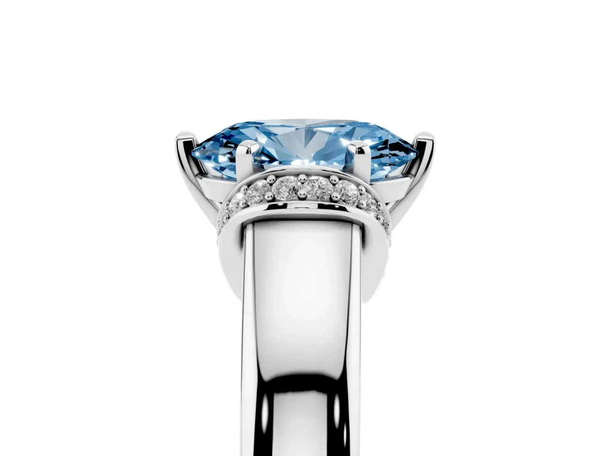 Fancy Blue Oval Cut Solitaire Diamond Ring with Pave Band and Six-Prong Setting Silver