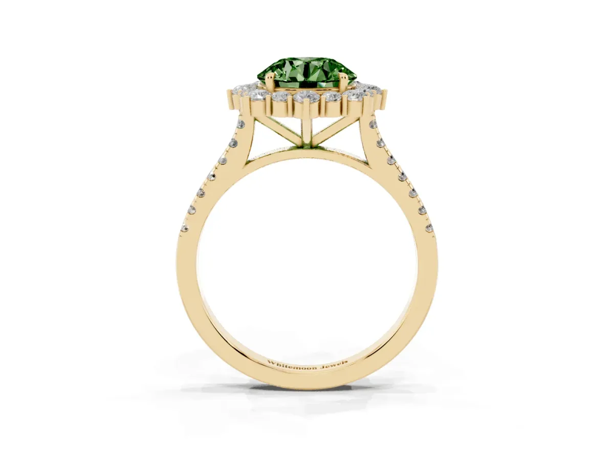 Fancy Green Round Cut Halo Diamond Ring with Pavé Band and Prong Setting Yellow gold