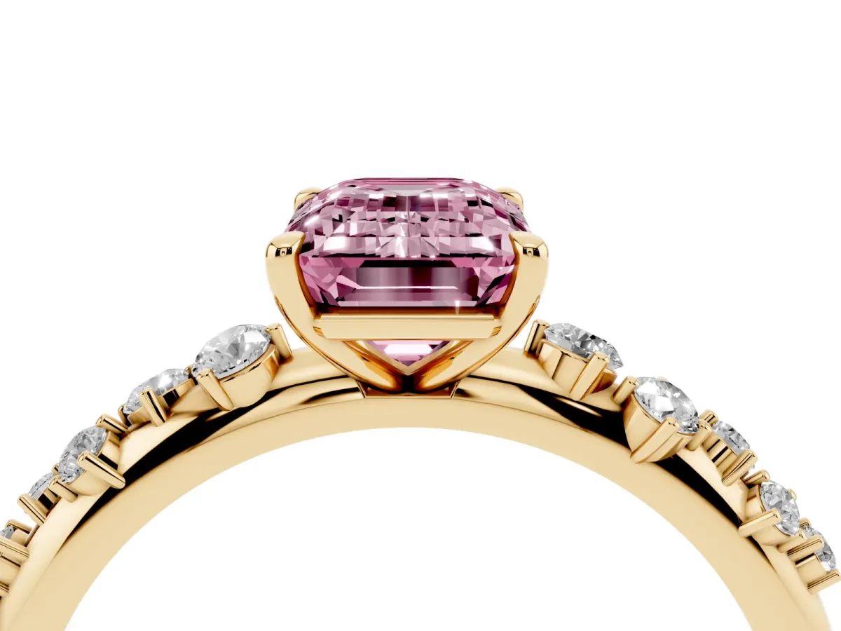 Fancy Pink Emerald Cut Diamond Cluster Prong-Set Solitaire Ring Yellow gold