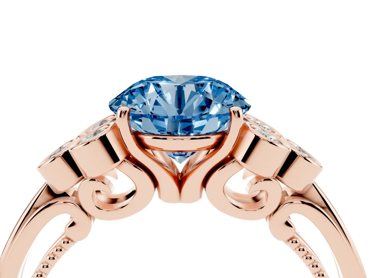 Fancy Blue Round Cut Cut Diamond Engagement Ring with Bezel Set Round Side Stones and Prong Setting Rose gold
