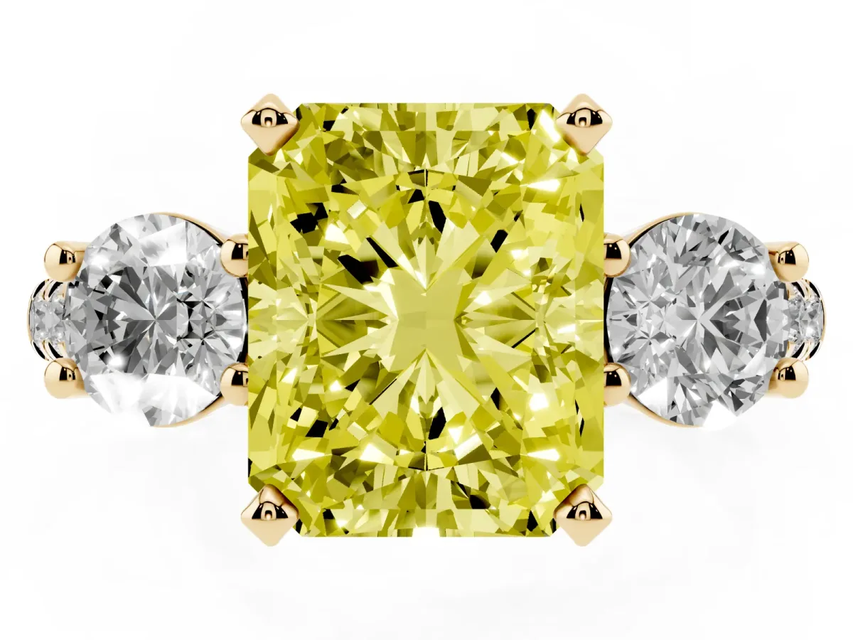 Fancy Yellow Three-Stone Radiant Cut Diamond Pavé Band with Four-Prong Setting Yellow gold
