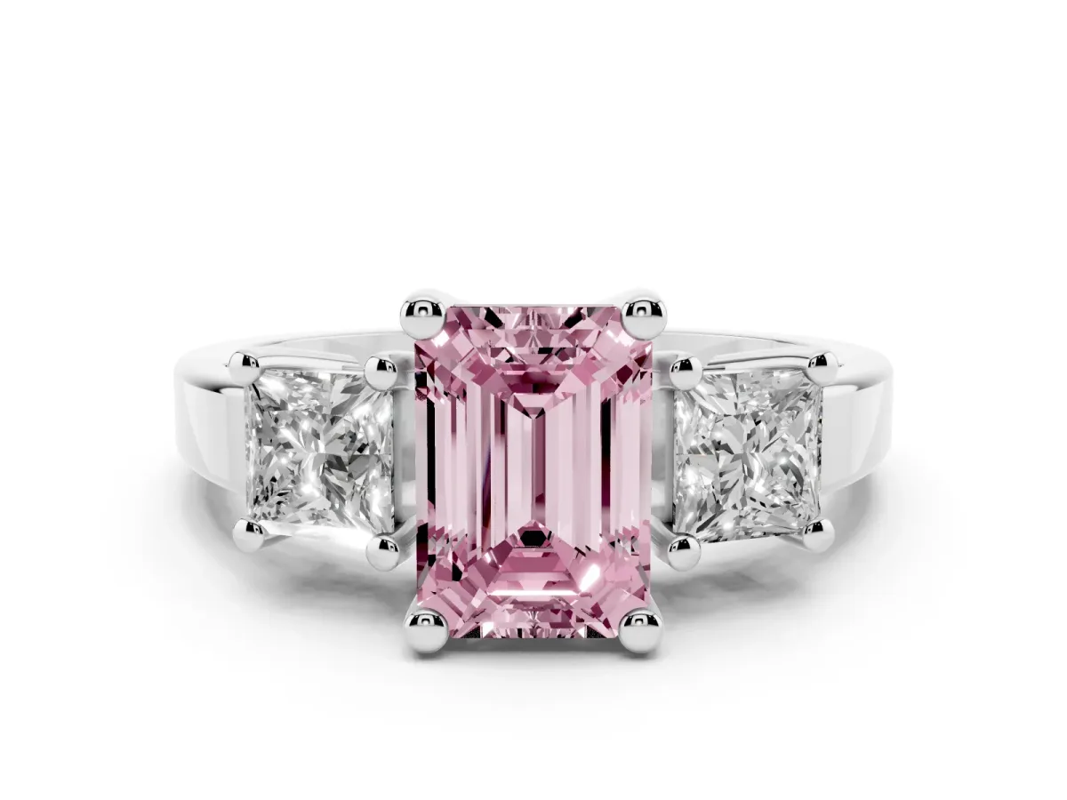 Fancy Pink Three-Stone Emerald Cut Cut Solitaire Ring with Prong Setting Silver