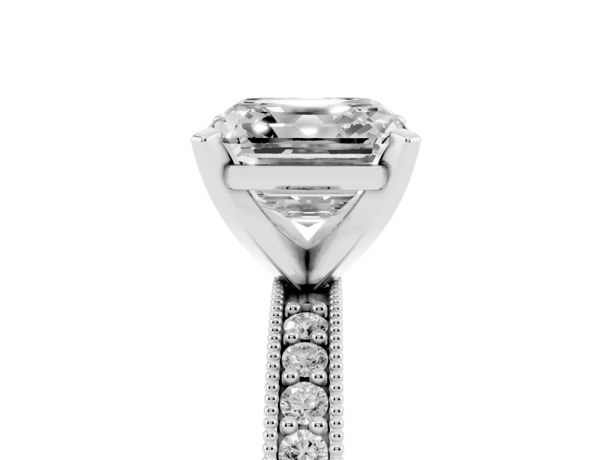 Asscher Cut Diamond Milgrain Pavé Engagement Ring with Four-Prong Setting Silver