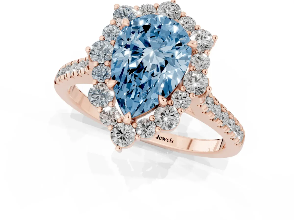 Fancy Blue Pear Cut Halo Diamond Ring with Pavé Band and Prong Setting Rose gold