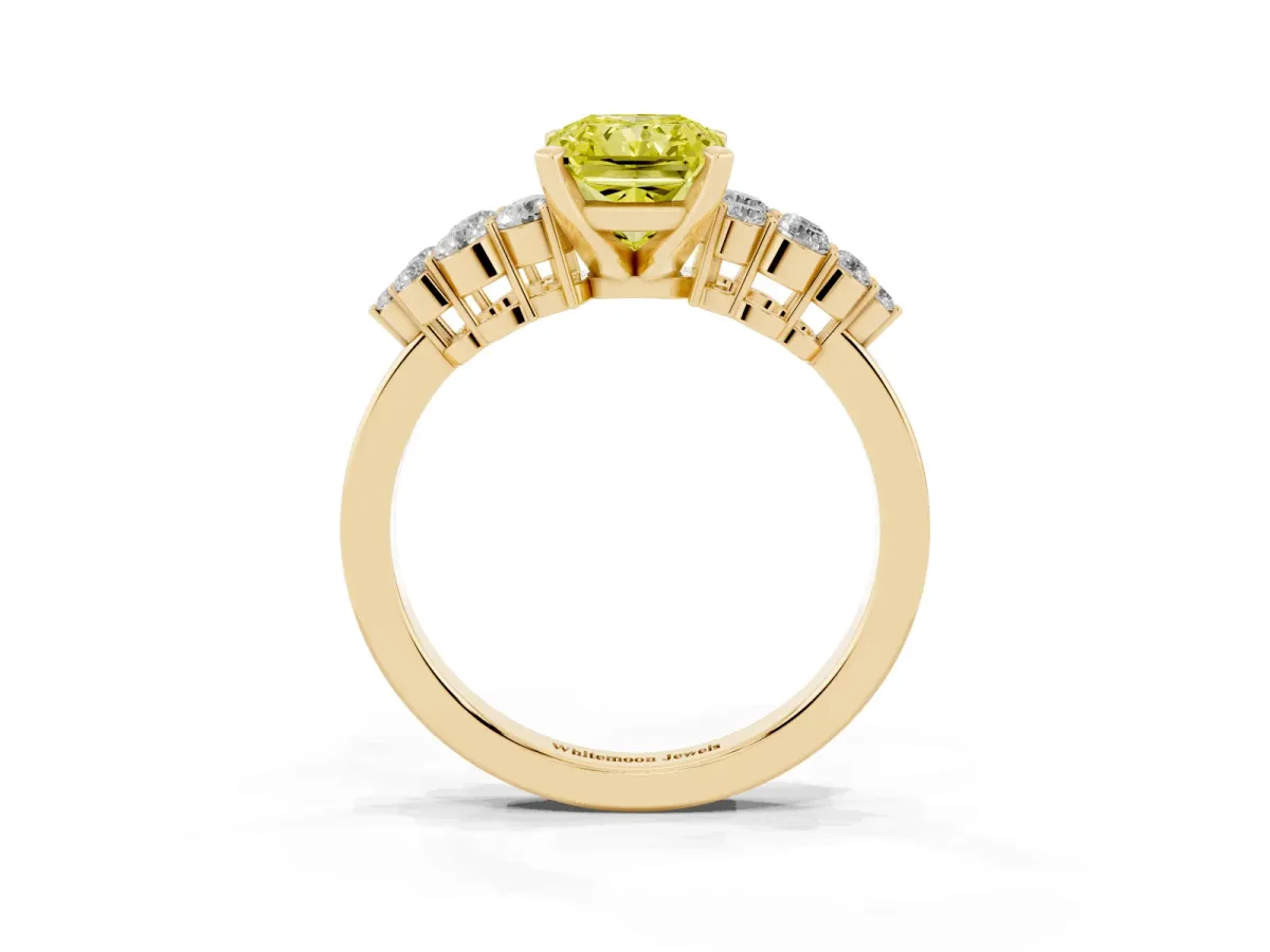 Fancy Yellow Radiant Cut Cluster Diamond Engagement Ring with Pavé Band and Four-Prong Setting Yellow gold