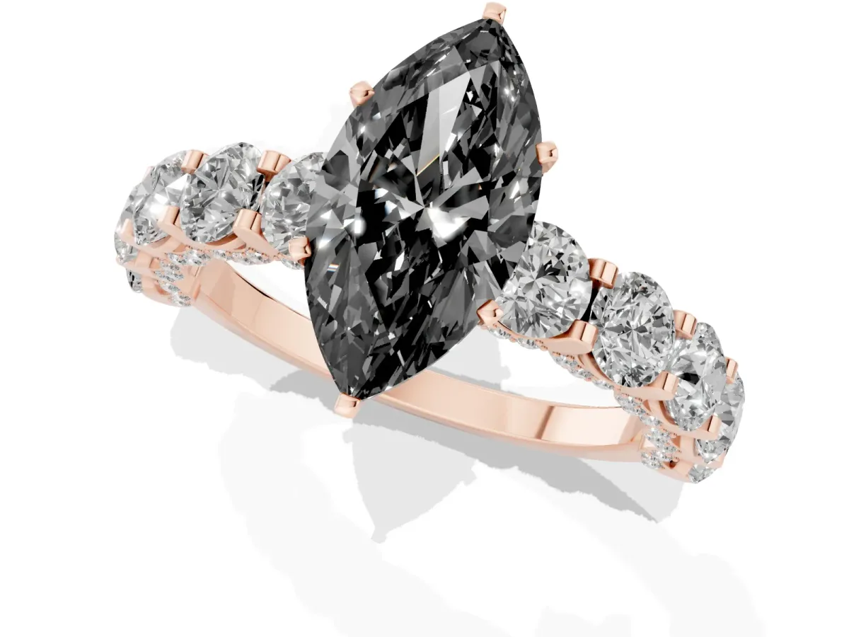 Fancy Black Marquise Cut Diamond Side Stone Engagement Ring with Four-Prong Setting Rose gold