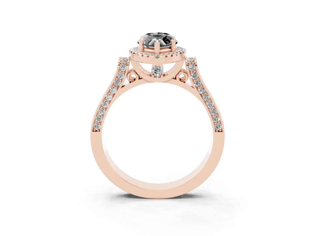 Fancy Black Marquise Cut Halo Round Diamond Twist Band with Four-Prong Setting Rose gold