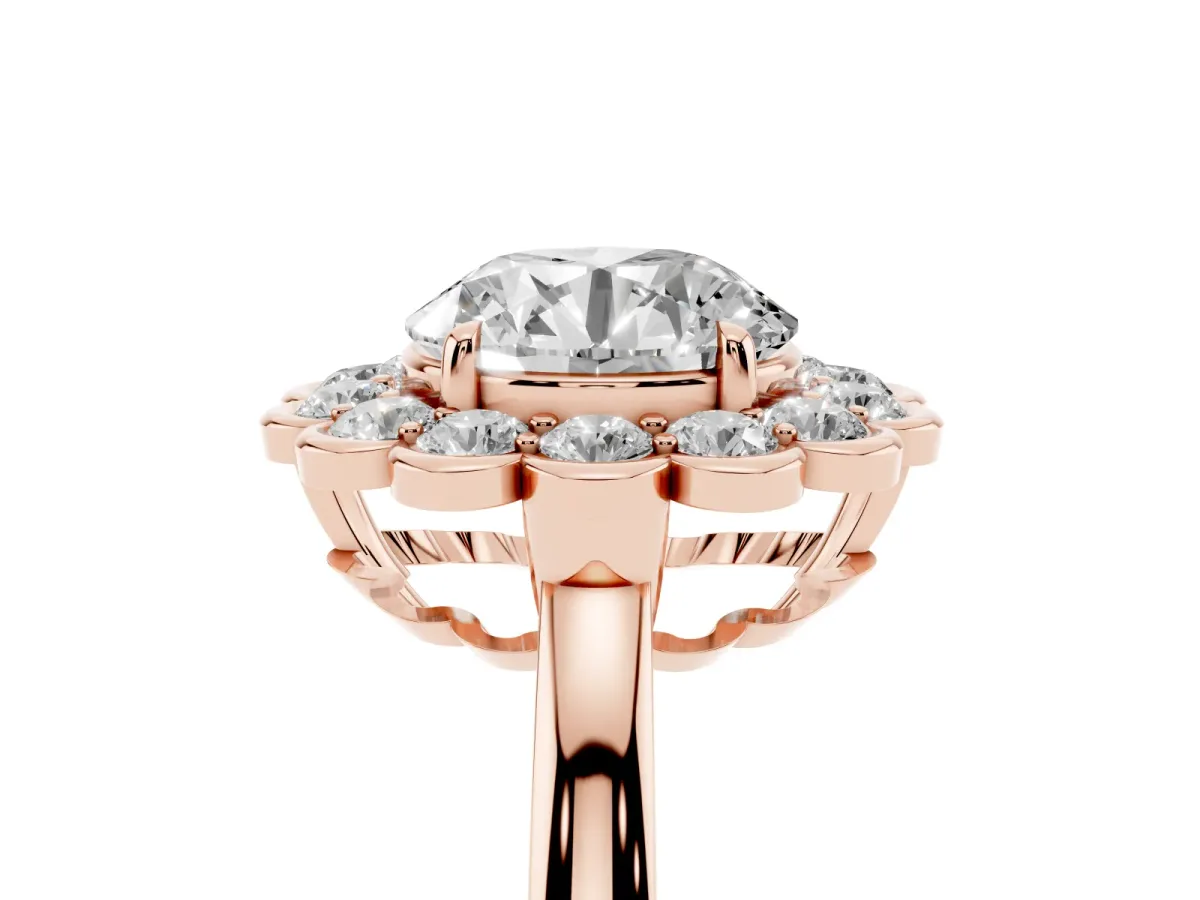 Round Cut Halo Cluster Diamond Engagement Ring with Solitaire Band and Prong Setting Rose gold
