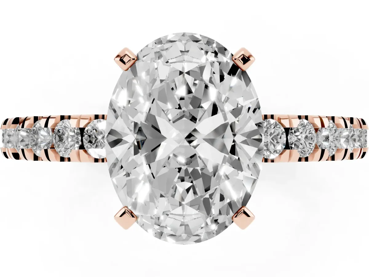 Oval Cut Solitaire Diamond with Pavé Band and Four-Prong Setting Rose gold
