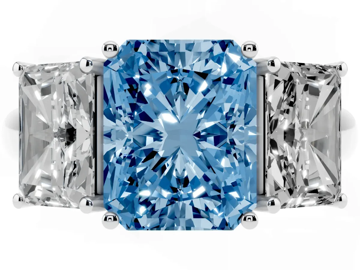 Fancy Blue Three-Stone Radiant Cut Diamond Engagement Ring with Prong Setting White gold