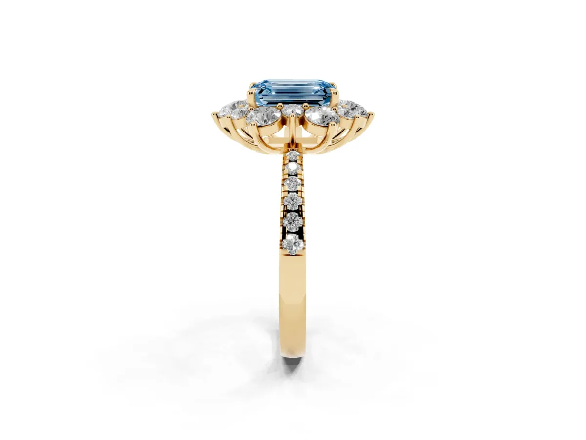 Fancy Blue Emerald Cut Diamond Floral Halo Ring with Round Pavé Band and Prong Setting Yellow gold