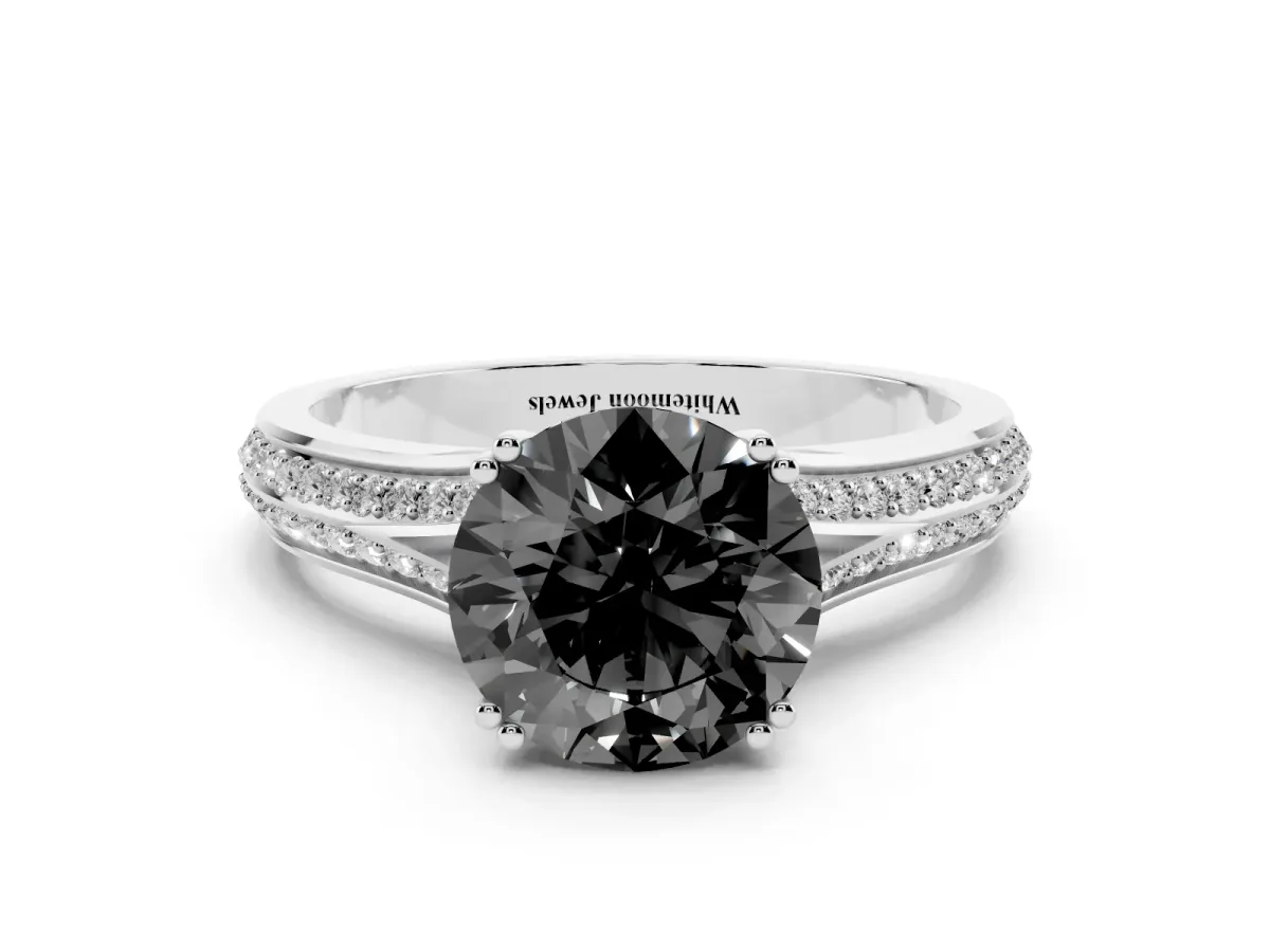 Fancy Black Round Cut Diamond Split Shank Engagement Ring with Pavé Band Silver