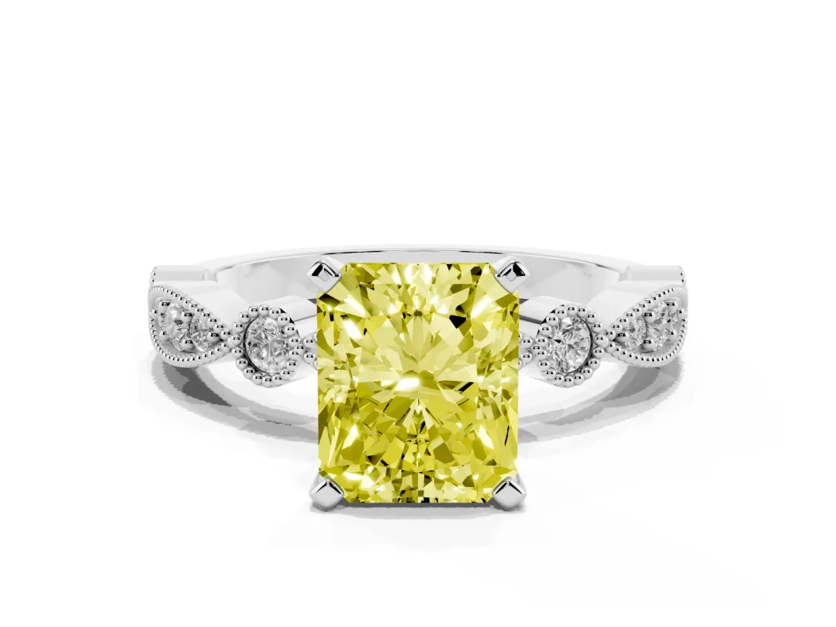 Fancy Yellow Radiant Cut Milgrain Bezel Diamond Engagement Ring with Solitaire Prong Setting Silver