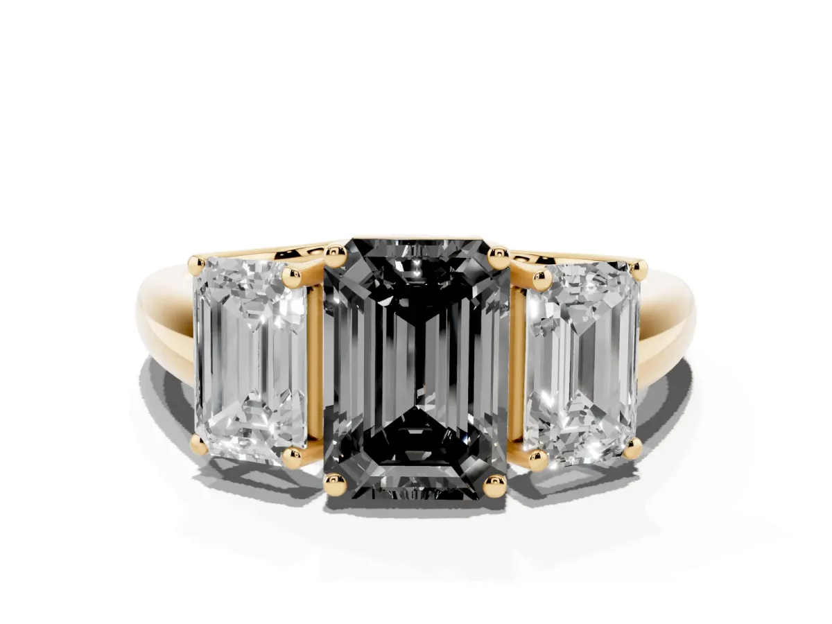 Fancy Black Three-Stone Emerald Cut Diamond Engagement Ring with Prong Setting Yellow gold