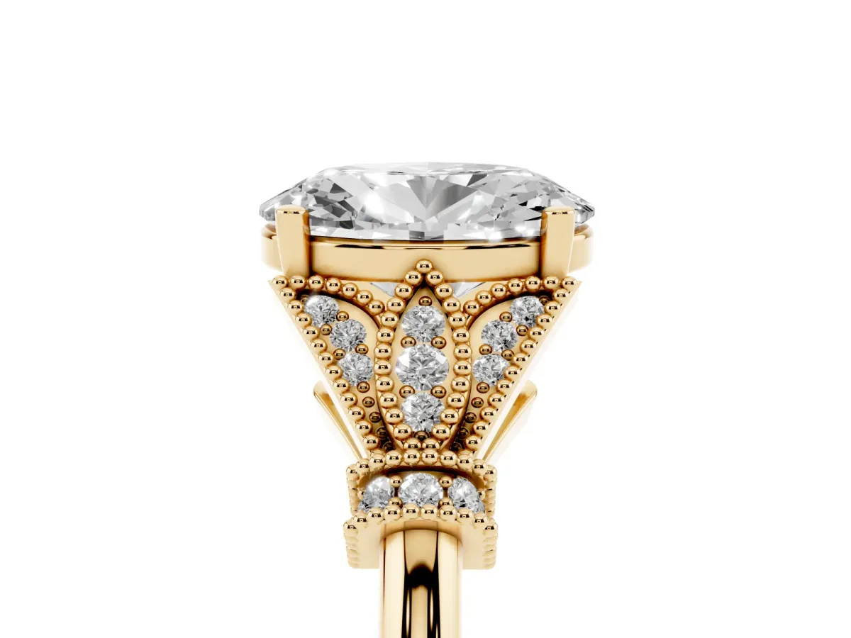 Oval Cut Diamond Solitaire Ring with Floral Filigree and Pave Accents Yellow gold
