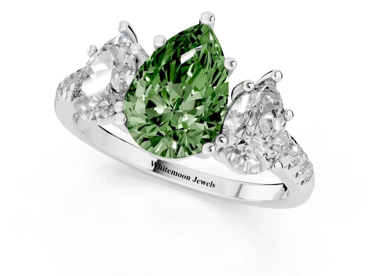 Fancy Green Three-Stone Pear Cut Diamond Ring with Round Pavé Band and Prong Setting Silver