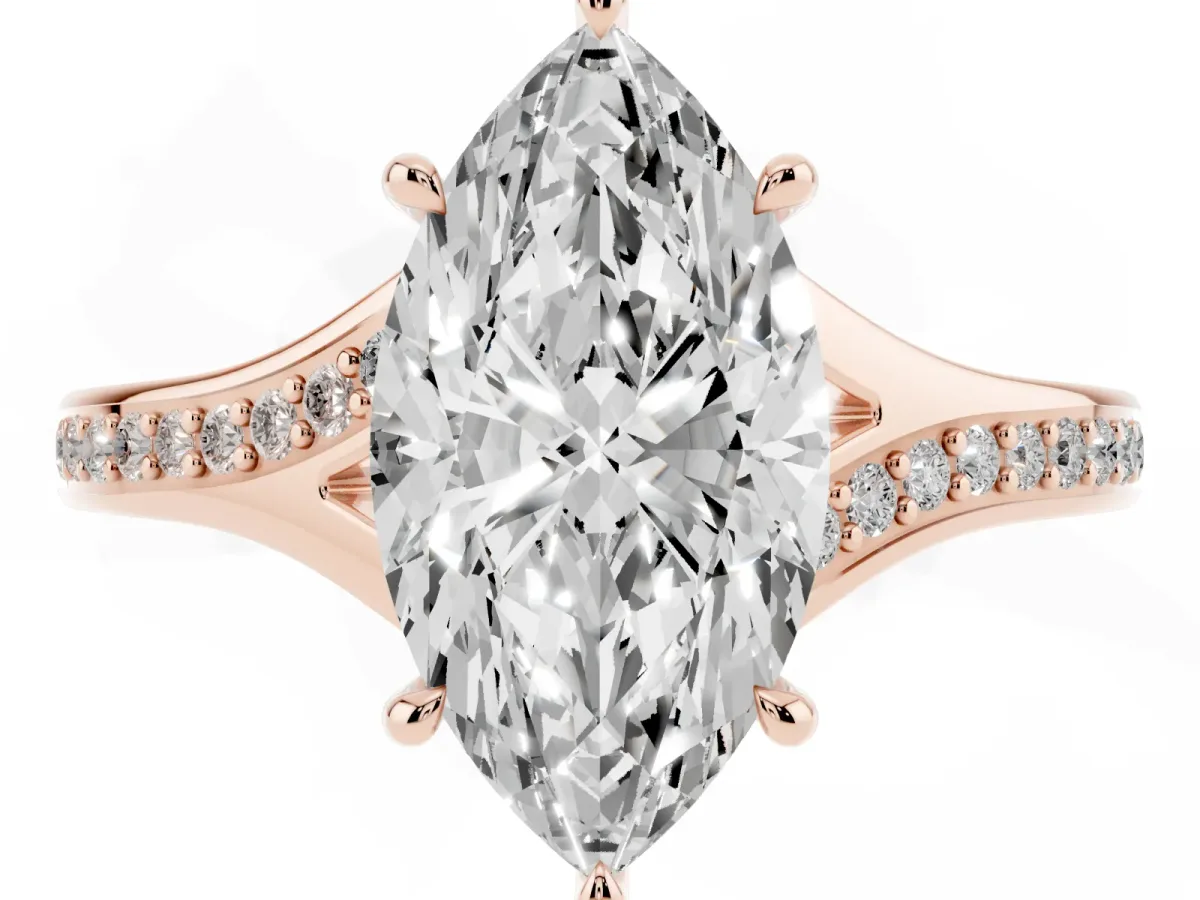 Marquise Cut Diamond Solitaire Ring with Pavé Band and Prong Setting Rose gold
