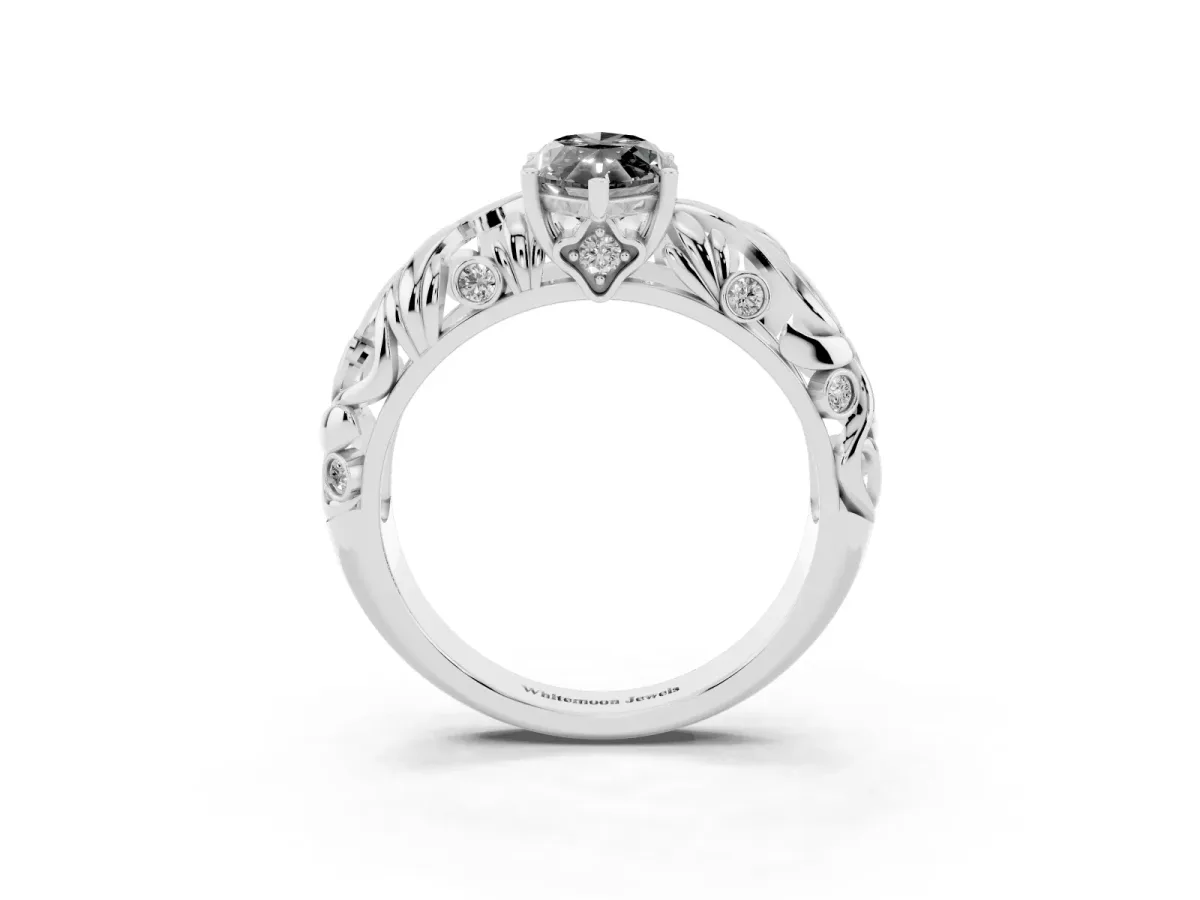 Fancy Black Marquise Cut Solitaire Diamond Leaf-Inspired Vine Band Ring with Prong Setting Platinum