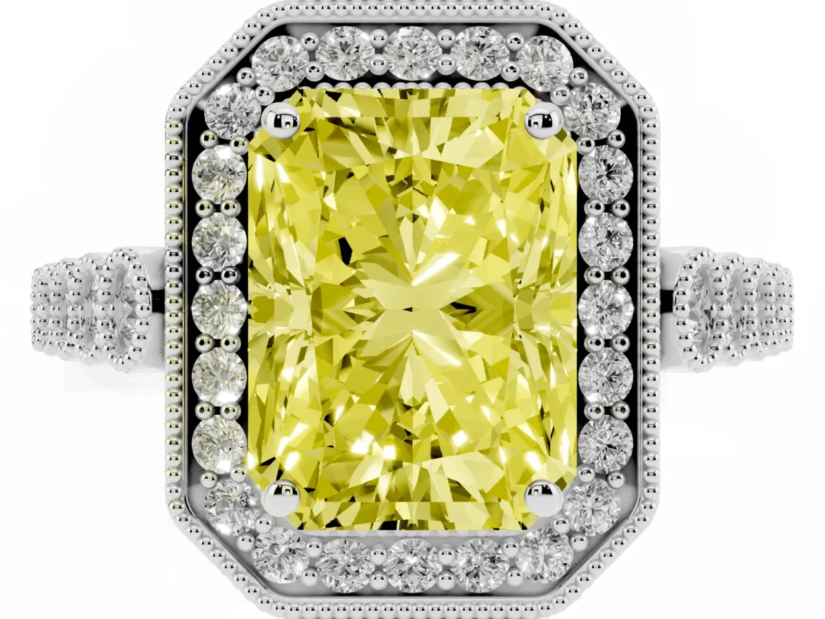 Fancy Yellow Radiant Cut Halo Milgrain Solitaire with Bezel Set Side Stones and Pave Band Platinum